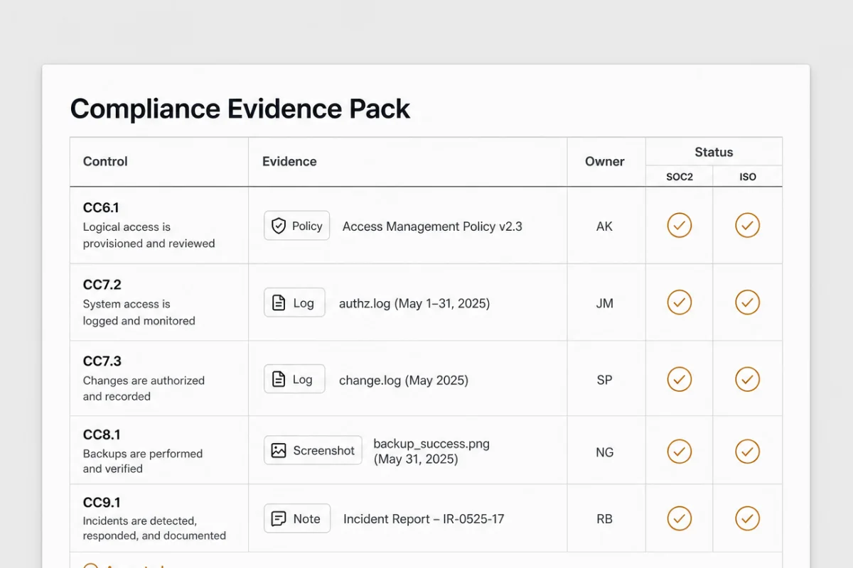 Example compliance evidence pack output created with Onyx Craft