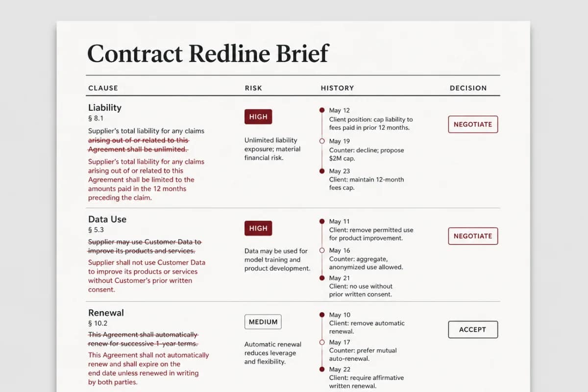 Example contract redline brief output created with Onyx Craft