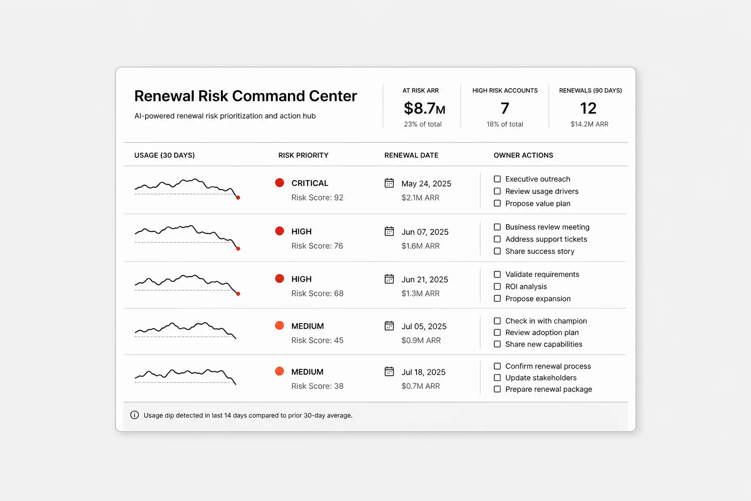 Example renewal risk command center output created with Onyx Craft
