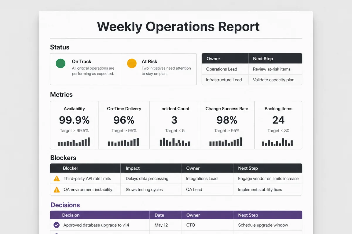 Example weekly operations report output created with Onyx Craft