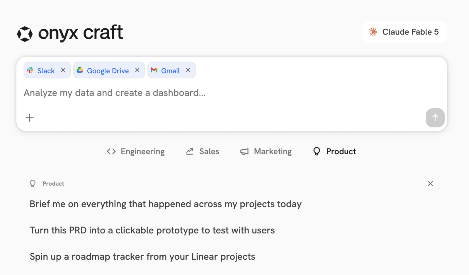 The Onyx Craft input connected to Slack, Google Drive, and Gmail