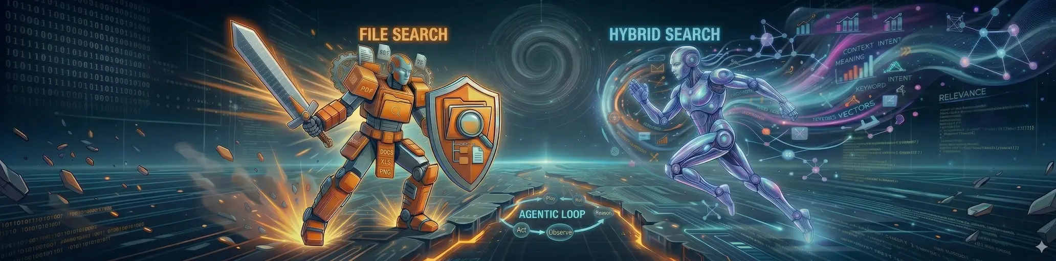 Illustration for comparing file-system search (glob, grep, read) with hybrid keyword and semantic search for agentic retrieval over large document sets.