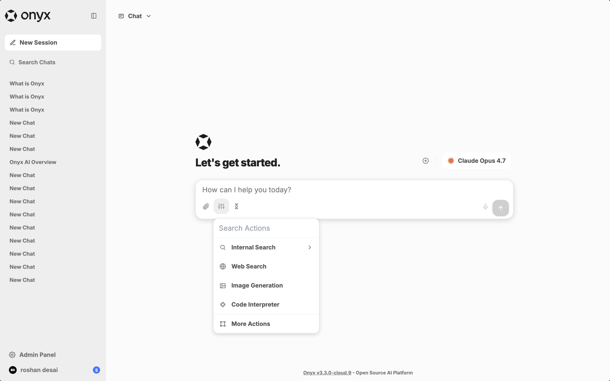 Onyx chat interface with a model selector and actions menu for internal search, web search, image generation, and code interpreter.
